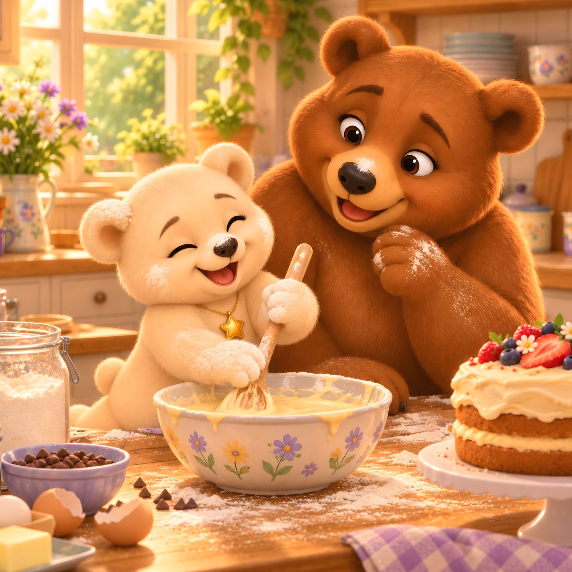 Lily baking her Adoption Day cake with Mama Bear