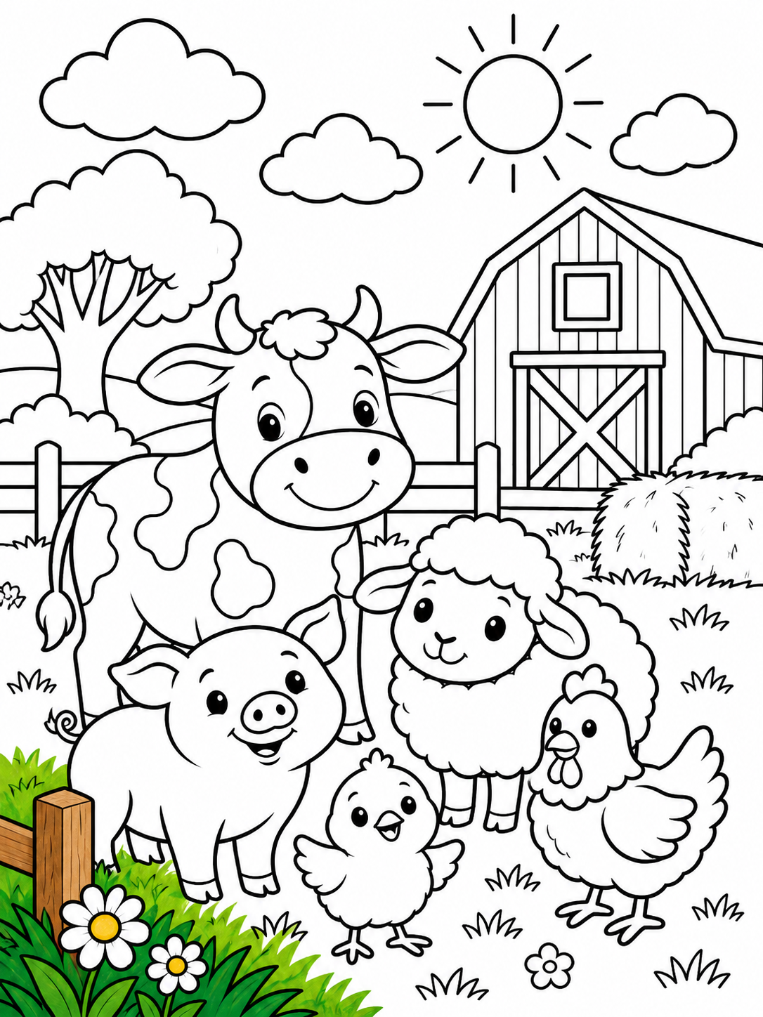 Farm animals colouring page preview