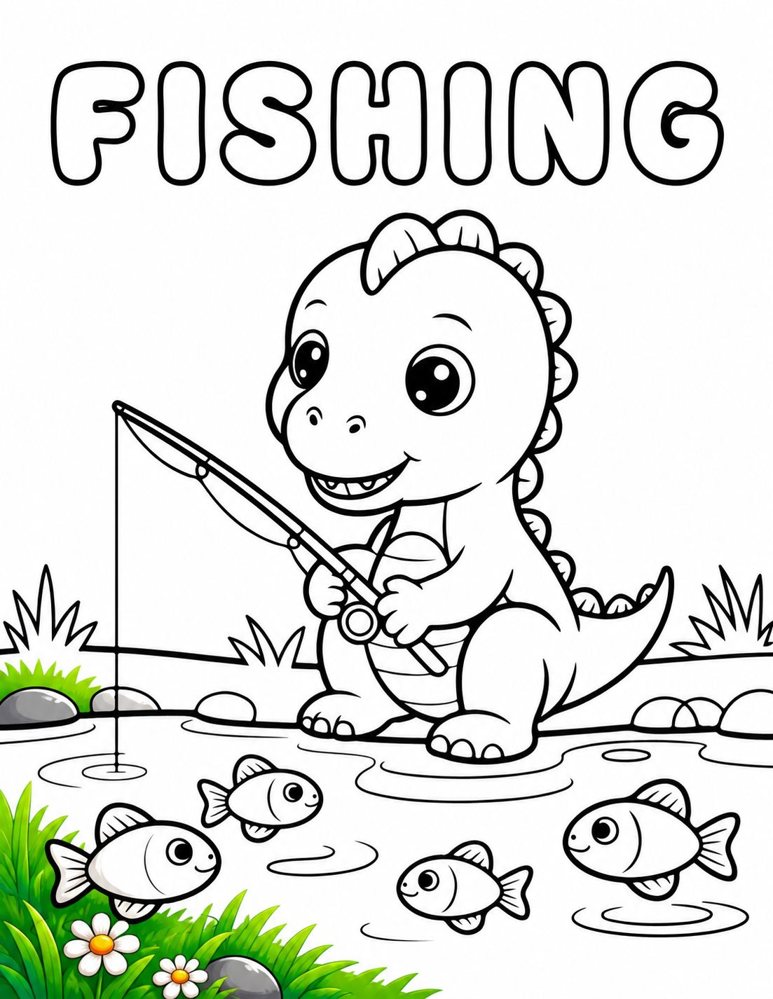 Fishing colouring page preview